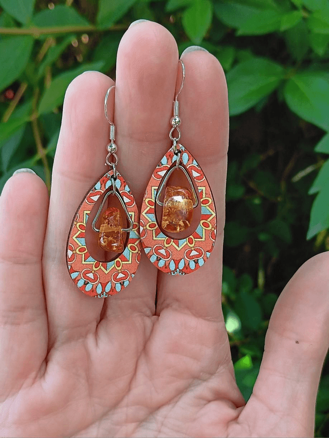 Glass bead and Patterned Wood Sterling Silver Earrings